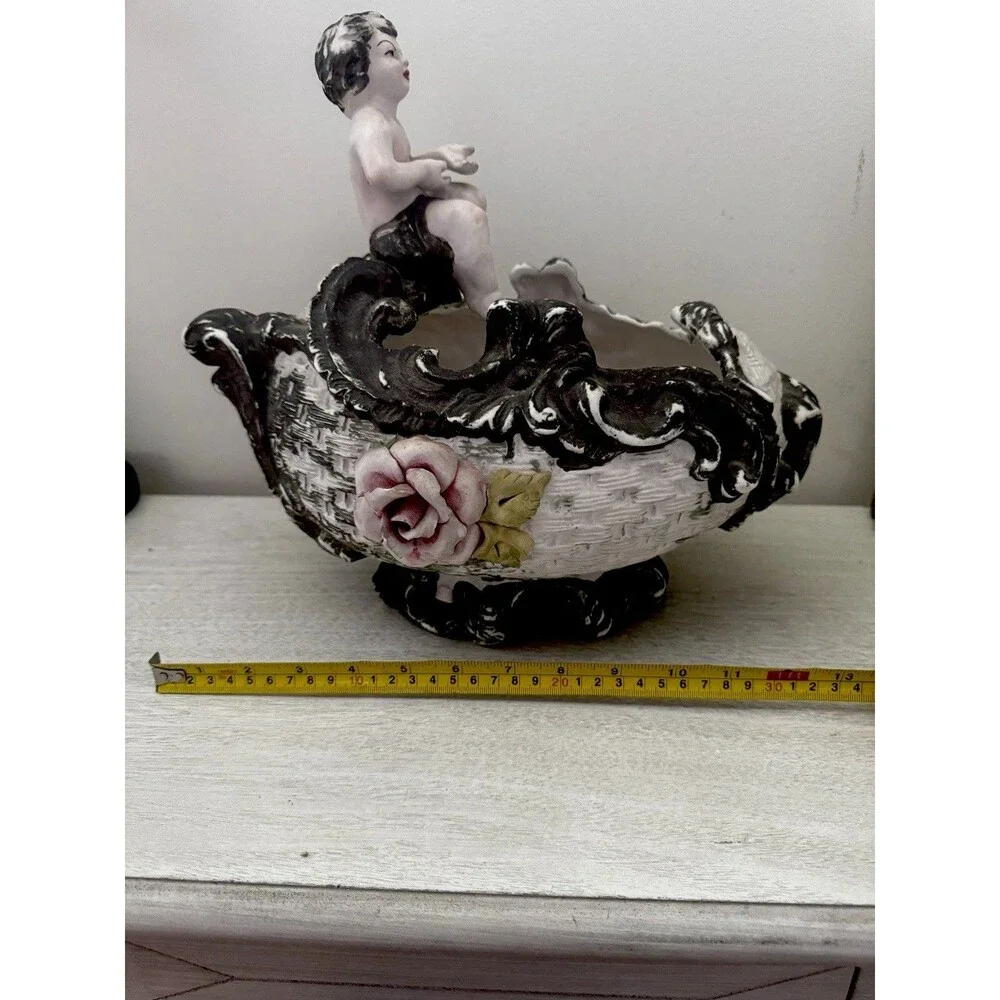 Vintage Capodimonte Italy Cherub Planter Basket Porcelain 3D Rose Putti 11